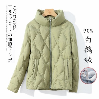 轻薄羽绒服女短款90白鹅绒菱形格2023秋冬季新款立领宽松羽绒外套图3