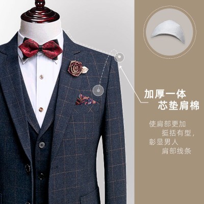 批发西服套装男士三件套修身韩版结婚礼服商务休闲帅气格子西装男图4