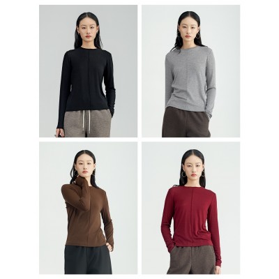 ABOUTSEA秋季女装上衣天丝羊毛修身打底高级感弹力显瘦圆领T恤图3