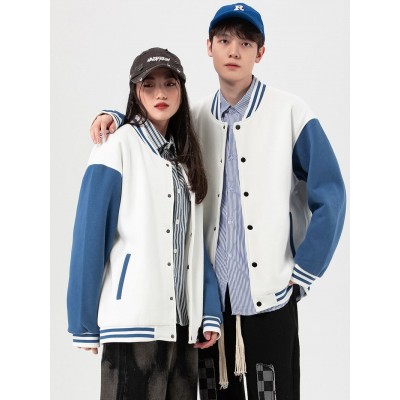 棒球领拼色夹克男2023新款春秋男女同款宽松休闲外套情侣装棒球服
