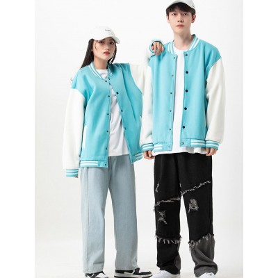 棒球领拼色夹克男2023新款春秋男女同款宽松休闲外套情侣装棒球服图5