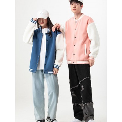 棒球领拼色夹克男2023新款春秋男女同款宽松休闲外套情侣装棒球服图4