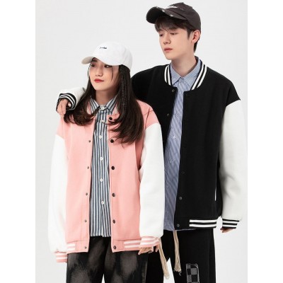 棒球领拼色夹克男2023新款春秋男女同款宽松休闲外套情侣装棒球服图2