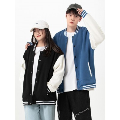 棒球领拼色夹克男2023新款春秋男女同款宽松休闲外套情侣装棒球服图3