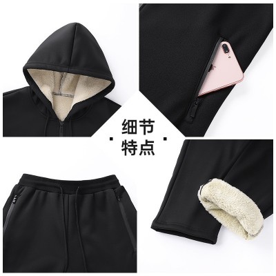 跨境专供卫衣套装大码冬季保暖连帽休闲套装男士羊羔绒运动套装图3
