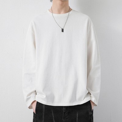 棉质长袖T恤男士春季新款纯色百搭简约打底衫青年宽松情侣 款上衣图2