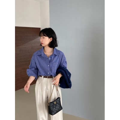 江左 miu谬衬衫～早秋复古蓝色格子衬衫女宽松慵懒感长袖上 衣1203图4