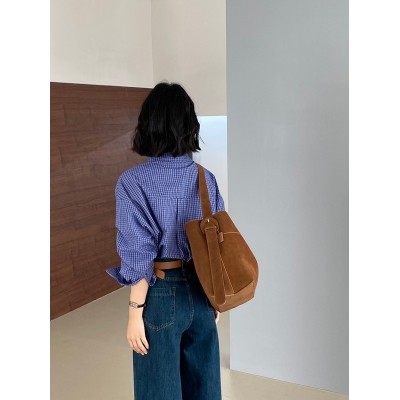 江左 miu谬衬衫～早秋复古蓝色格子衬衫女宽松慵懒感长袖上 衣1203图3