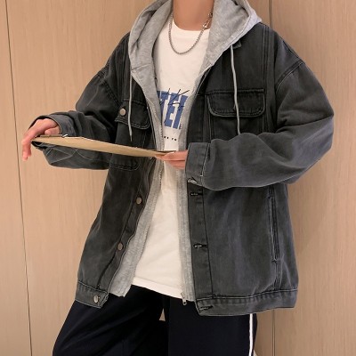 春秋牛仔外套男韩版潮流拉链带帽上衣日系港风潮流假两件连帽夹克图3
