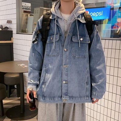 春秋牛仔外套男韩版潮流拉链带帽上衣日系港风潮流假两件连帽夹克图2