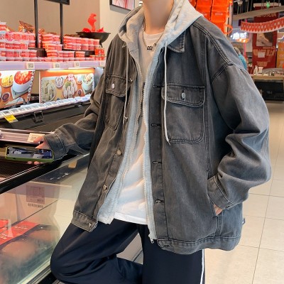春秋牛仔外套男韩版潮流拉链带帽上衣日系港风潮流假两件连帽夹克图5