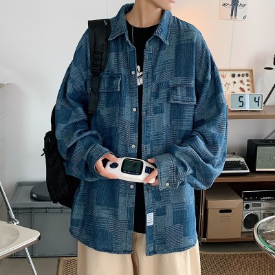 港风秋季牛仔工装外套原宿风衬衫男薄款日系潮牌宽松长袖衬衣休闲图3