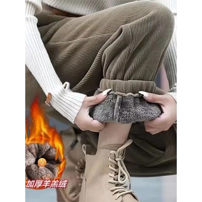 灯芯绒加绒加厚秋冬季高腰保暖休闲束脚运动哈伦卫裤子长裤女装图3