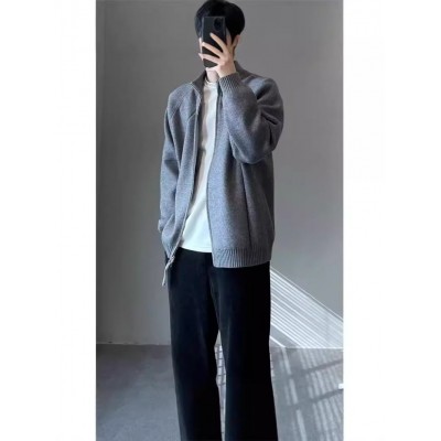 纯色针织衫外套男款春秋季慵懒高级感开衫日系复古痞帅立领毛线衣图3
