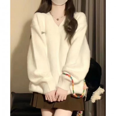 甜美V领软糯毛衣女秋冬新款温柔慵懒风针织衫百褶裙两件套装