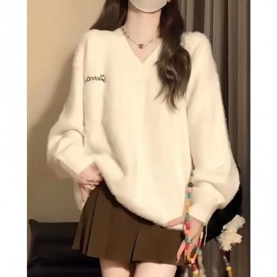 甜美V领软糯毛衣女秋冬新款温柔慵懒风针织衫百褶裙两件套装图5