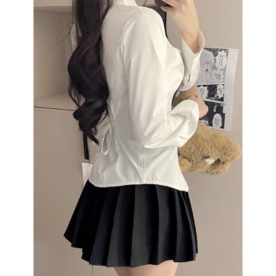 jk制服纯欲风辣妹收腰长袖衬衫女学院风绑带修身显瘦上衣白色衬衣图2