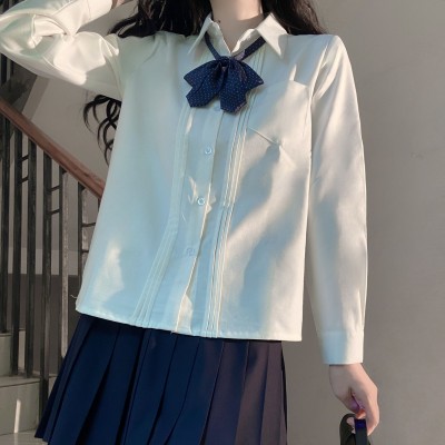 jk原创长袖纯色衬衫女秋冬日系学院风制服奶白风琴褶衬衣厂家批发图4