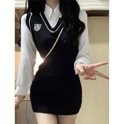 学院风JK连衣裙女春秋2024新款修身显瘦纯欲内搭打底裙美式包臀裙图3
