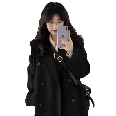 韩系高级感黑色毛呢大衣外套女2024冬季新款小个子中长款呢子加厚图5