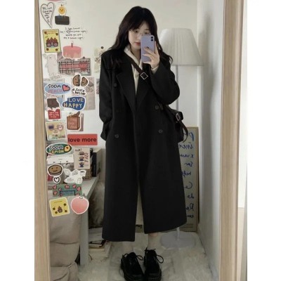 韩系高级感黑色毛呢大衣外套女2024冬季新款小个子中长款呢子加厚图2