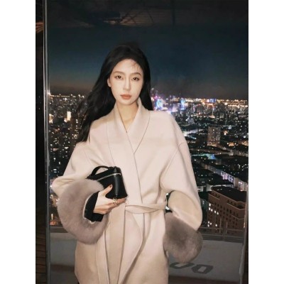 2024秋冬女装高级感大衣羊绒女双面中长款可拆卸真狐狸毛羊毛大衣图2