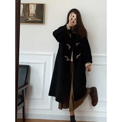 黑色日系牛角扣呢子大衣女2024秋冬新款小个子加厚学院风毛呢外套图4