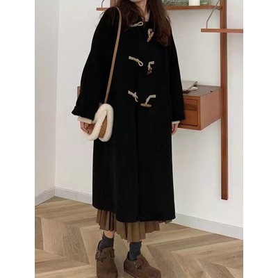 黑色日系牛角扣呢子大衣女2024秋冬新款小个子加厚学院风毛呢外套图2