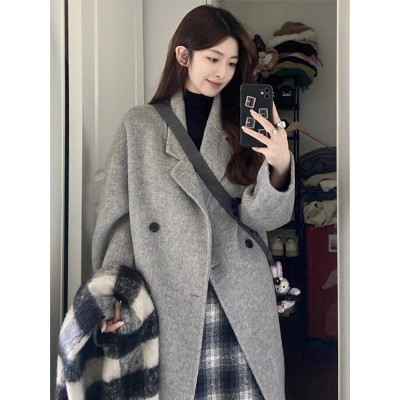 长款灰色呢子大衣女2024秋冬新款毛呢外套高级感小个子赫本风加厚图2