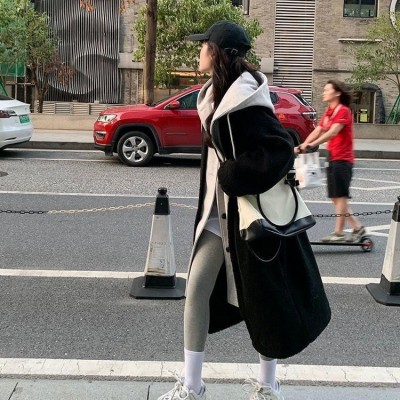 韩国chic秋冬新款长款连帽裙外套羊羔绒假两件宽松时尚外套女装潮图2