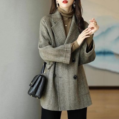 2024秋冬新款时尚人字纹宽松显瘦洋气小个子百搭毛呢中长外套女潮图3