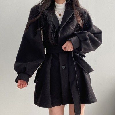 新款韩版秋冬宽松风大衣女呢子西装领中长款长袖小个子毛呢外套女图2