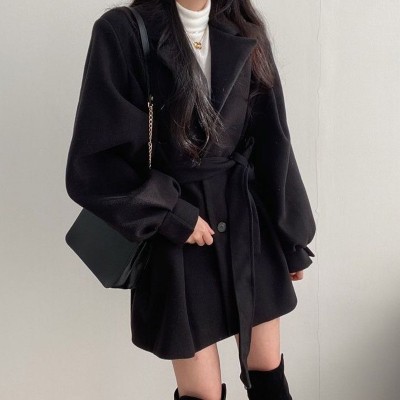 新款韩版秋冬宽松风大衣女呢子西装领中长款长袖小个子毛呢外套女图4