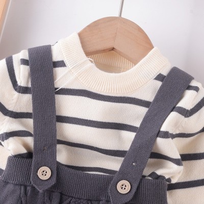 秋冬新款婴幼儿两件套连体哈衣爬爬服男童套头毛衣宝宝条纹线衫批图3