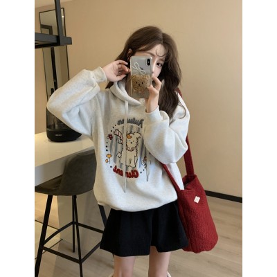 美式卡通可爱围脖西高地刺绣加绒卫衣女秋冬新款宽松百搭长袖上衣图2