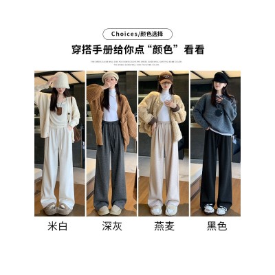 灰色加绒糯米裤女秋冬加厚2024新款高腰小个子直筒慵懒休闲阔腿裤图2