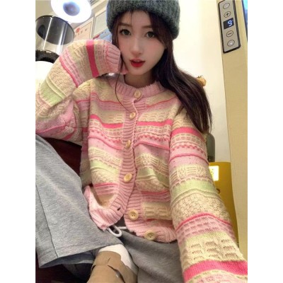 温柔风条纹软糯毛衣外套女装秋季新款高级感宽松长袖针织开衫上衣图3