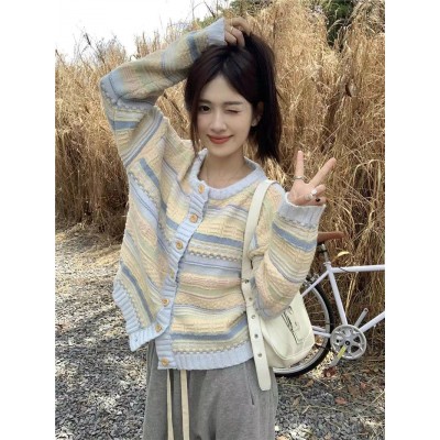 温柔风条纹软糯毛衣外套女装秋季新款高级感宽松长袖针织开衫上衣图4