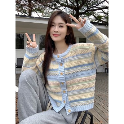 温柔风条纹软糯毛衣外套女装秋季新款高级感宽松长袖针织开衫上衣图5