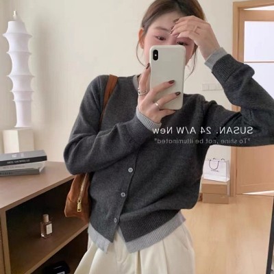 诗曼儿~韩系糖果色拼接假两件新款显瘦小众针织毛衣开衫女潮秋季图4