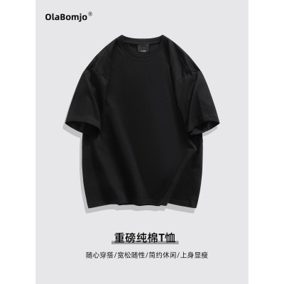 OLA 春秋款男士280克重磅纯棉t恤休闲款圆领宽松潮流百搭上衣图4