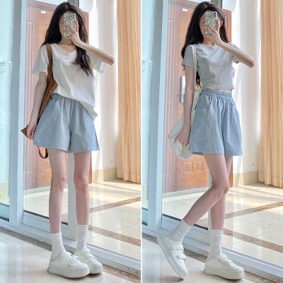 蓝色棉短裤女夏季薄款2025新款高腰外穿休闲阔腿小个子运动三分裤图4
