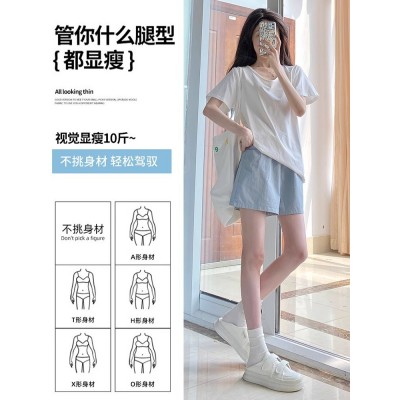 蓝色棉短裤女夏季薄款2025新款高腰外穿休闲阔腿小个子运动三分裤图2