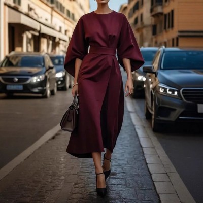 2025外贸女装欧美跨境时尚气质优雅纯色收腰连衣裙休闲蝙蝠袖长裙图3