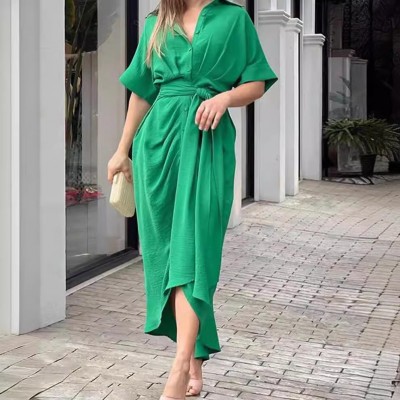 欧美女装跨境时尚新款翻领中长款短袖单排扣高腰衬衫裙连衣裙