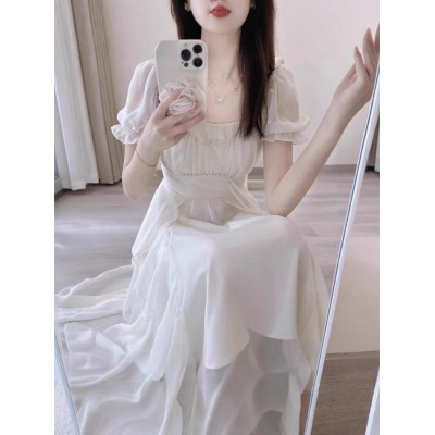 白色感仙女连衣裙女夏季2025新款超仙公主裙温柔风长裙子图3